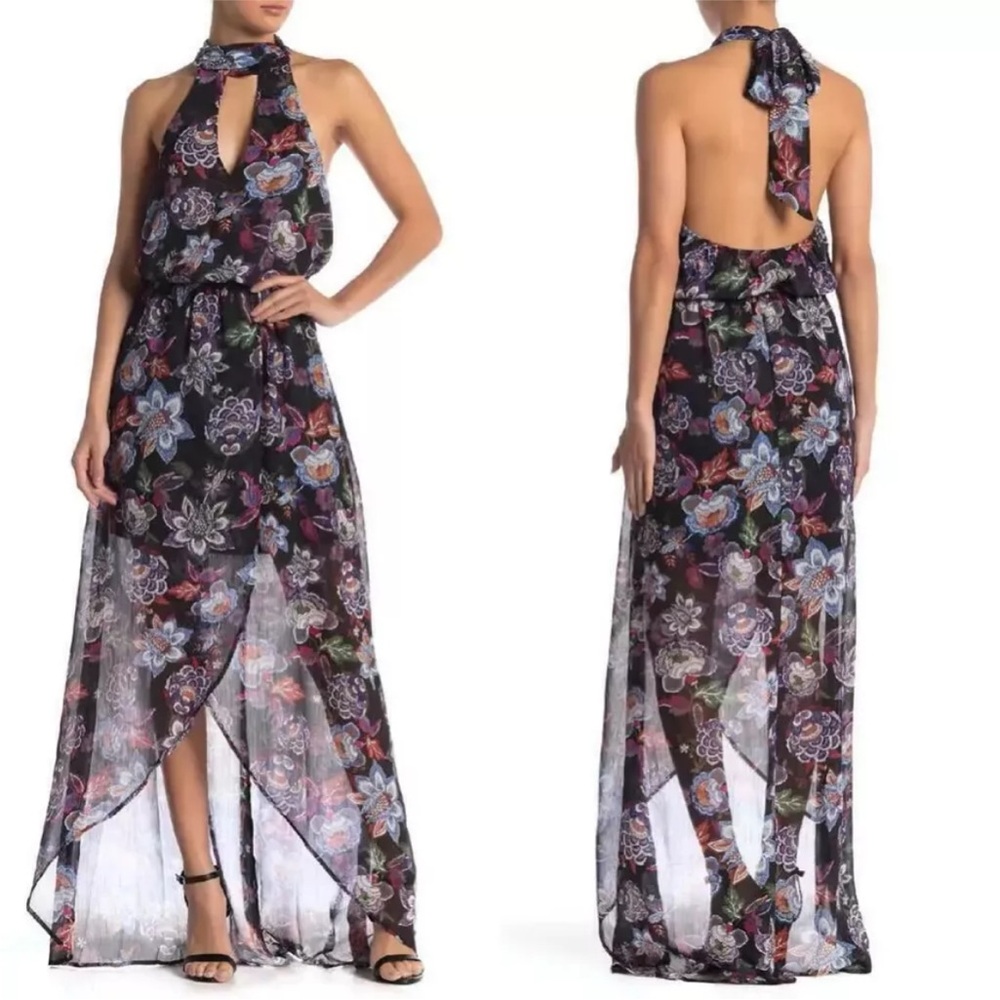 SHOWβ ME YOUR MUMU Karolina HALTER TIES Shimmery BLACK FLORAL Maxi DRESS S